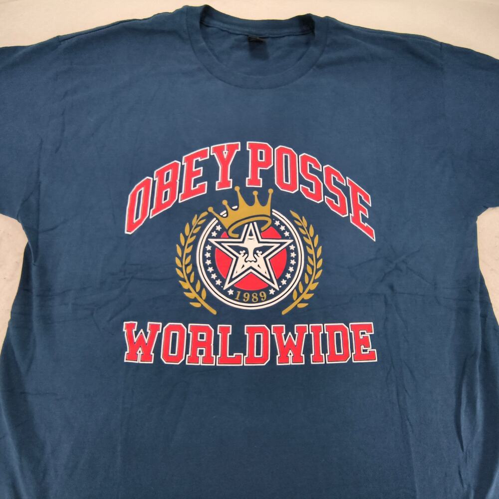 Obey Casual Crew Neck Short Sleeve Graphic Shirt Mens Size Large L Blue